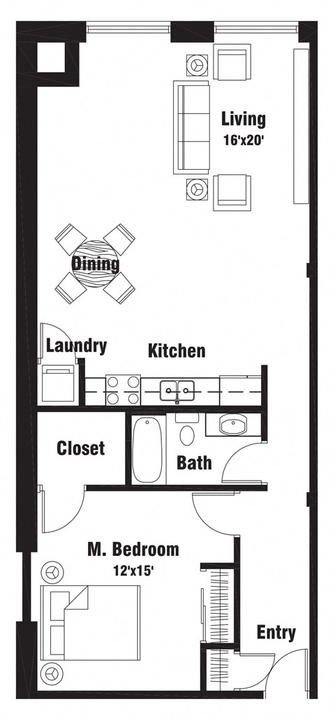 Floor plan for 1 bed, 1 bath, 900 sqft